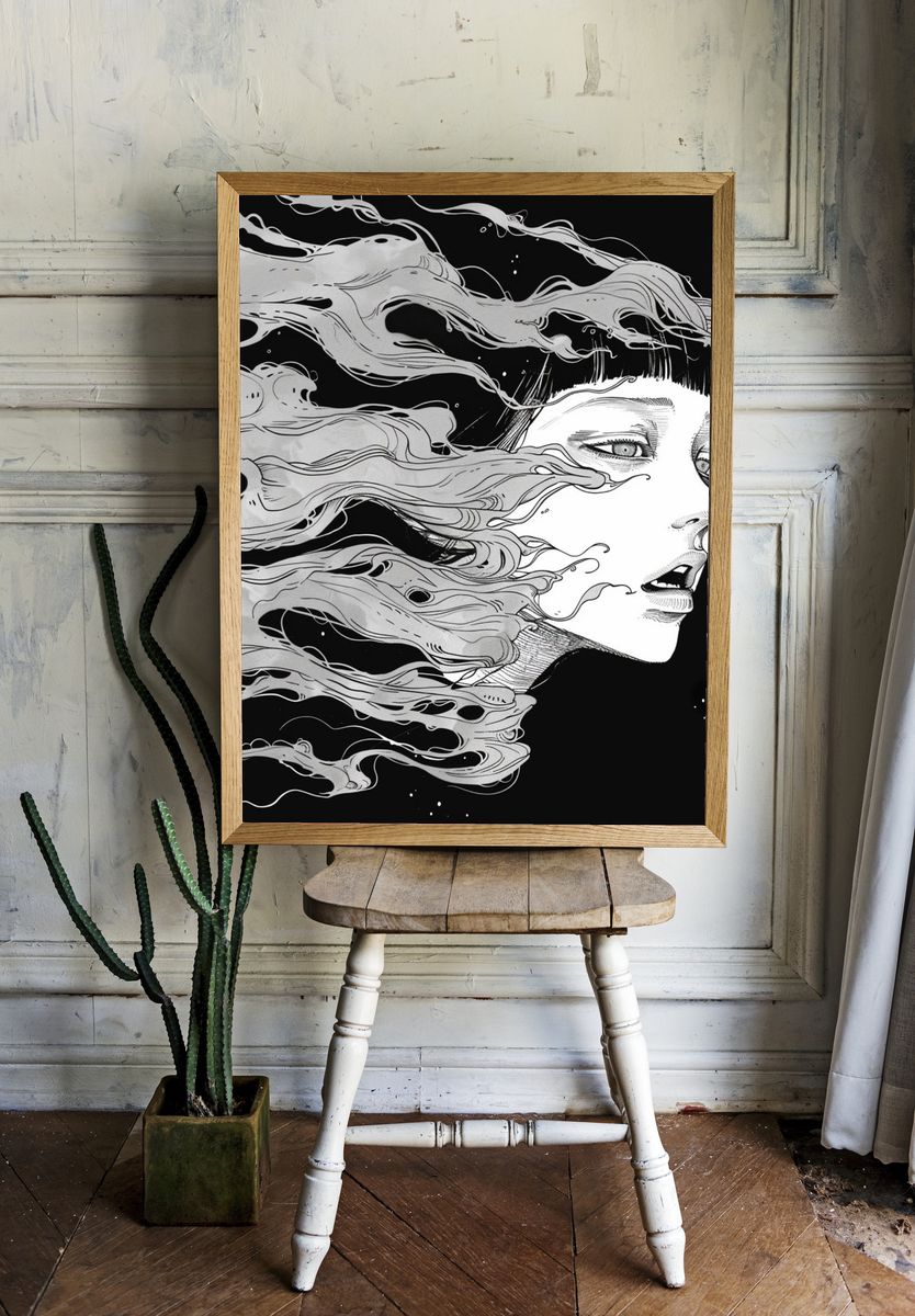 Surreal Woman in Wind Illustration Poster. — room view 1