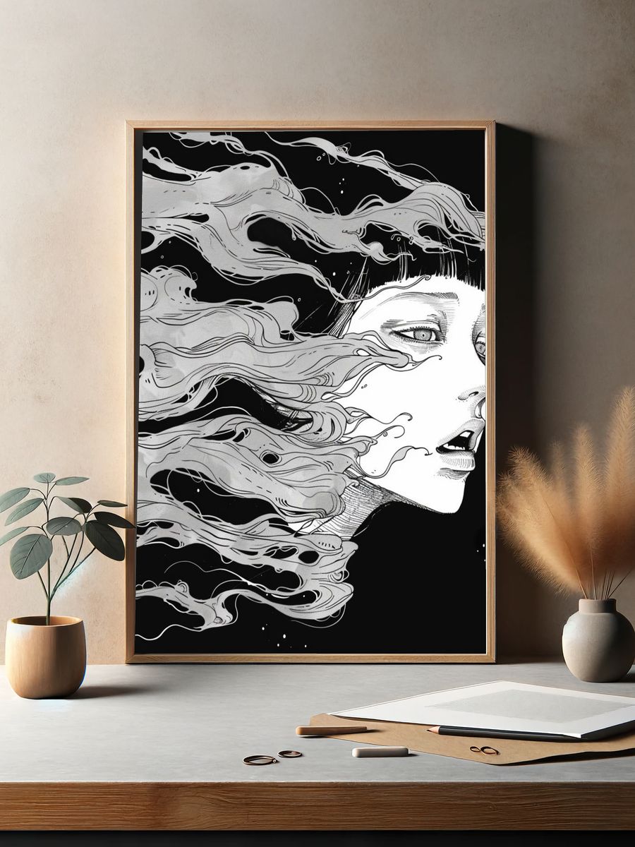 Surreal Woman in Wind Illustration Poster. — room view 2