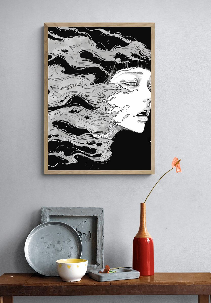 Surreal Woman in Wind Illustration Poster. — room view 3