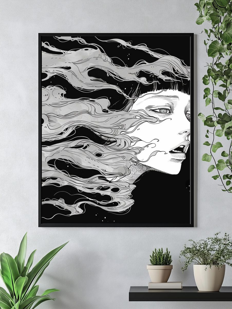 Surreal Woman in Wind Illustration Poster. — room view 4