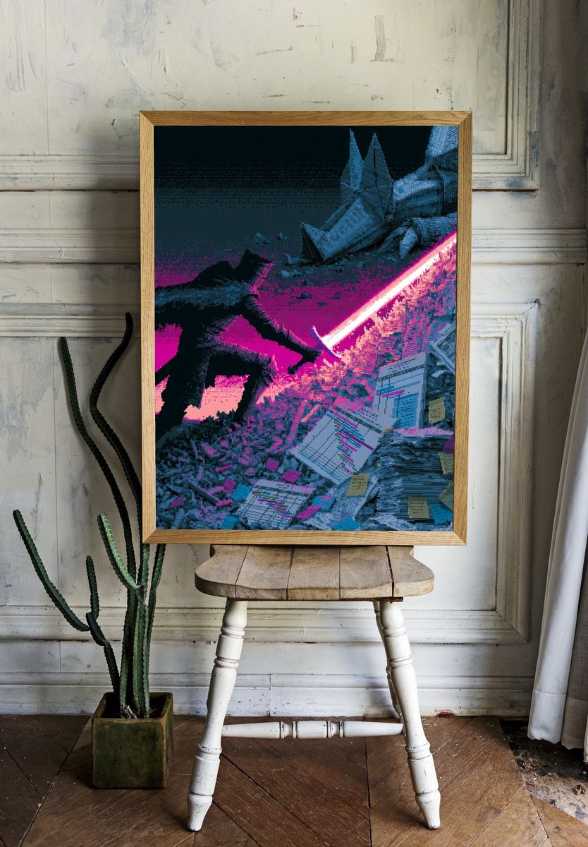 Neon Lightsaber Battle Illustration Poster. room preview