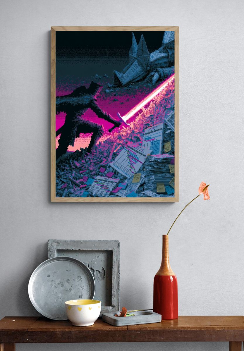 Neon Lightsaber Battle Illustration Poster. — room view 3