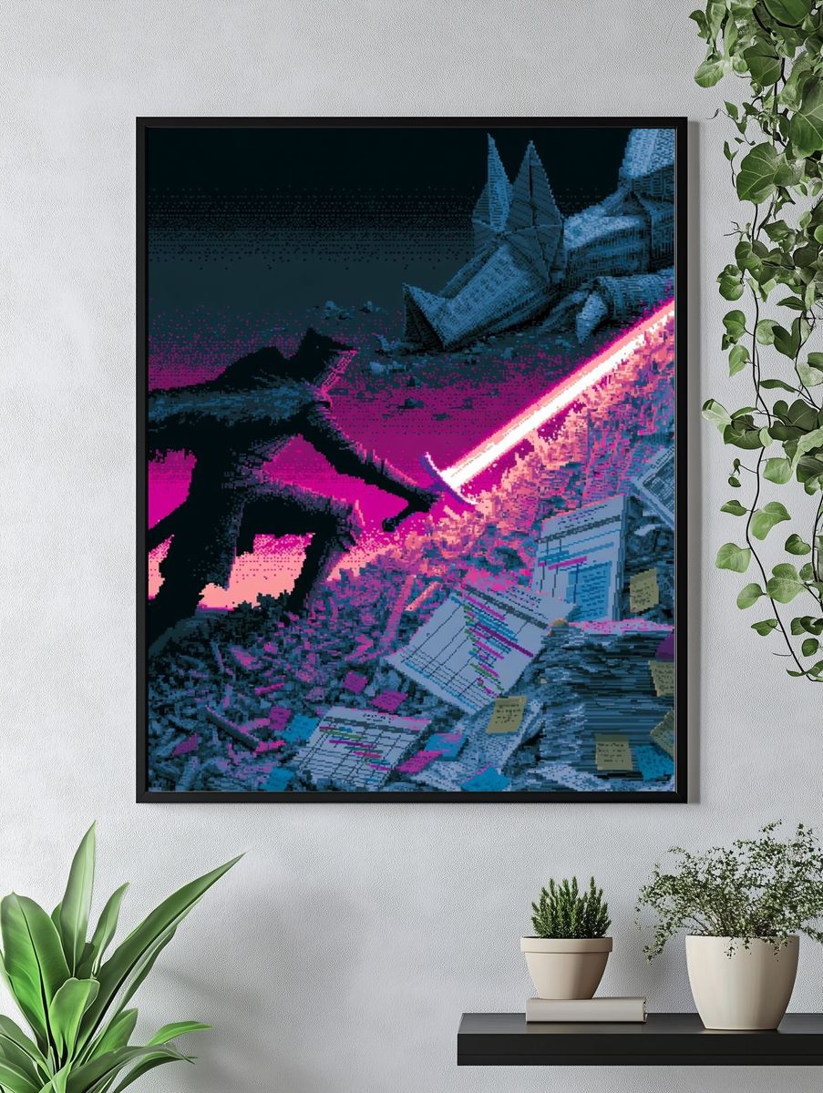 Neon Lightsaber Battle Illustration Poster. — room view 4