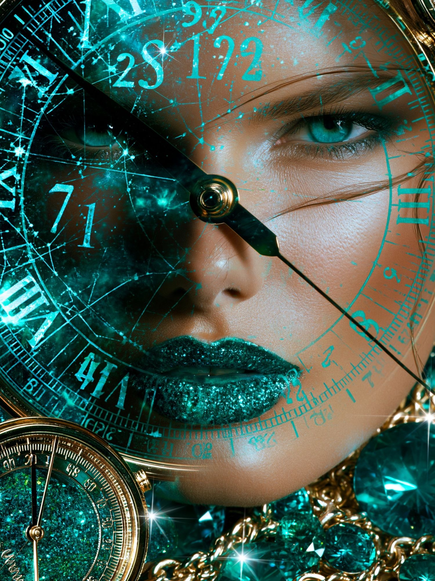 Teal Clock Face Portrait Print. poster detail