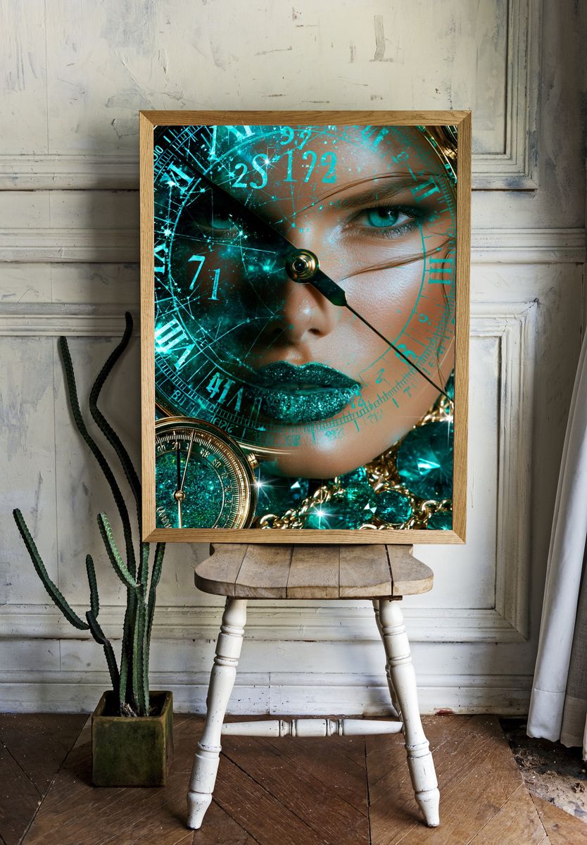 Teal Clock Face Portrait Print. — room view 1