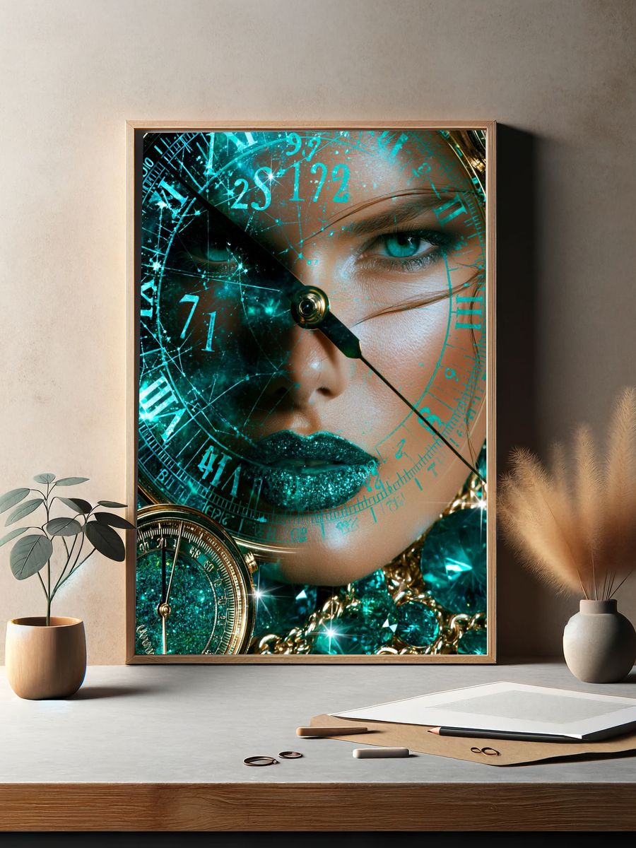 Teal Clock Face Portrait Print. — room view 2