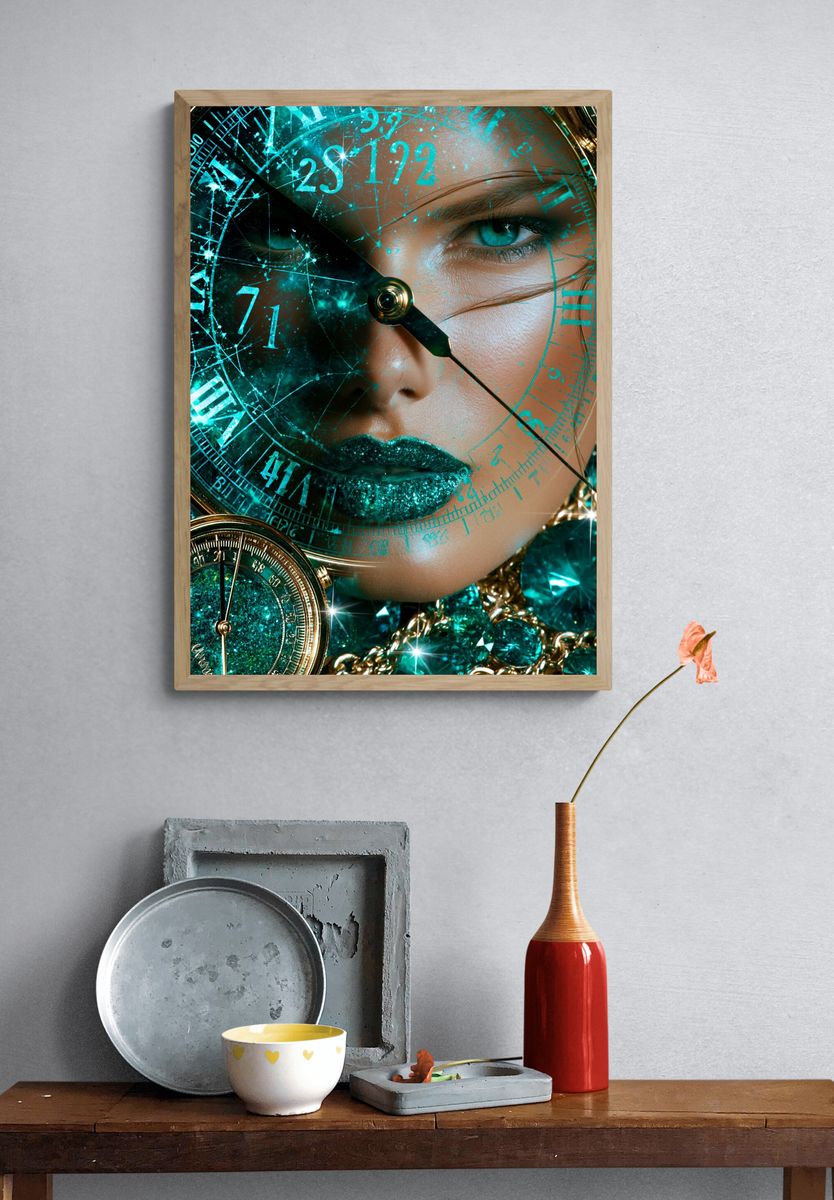 Teal Clock Face Portrait Print. — room view 3