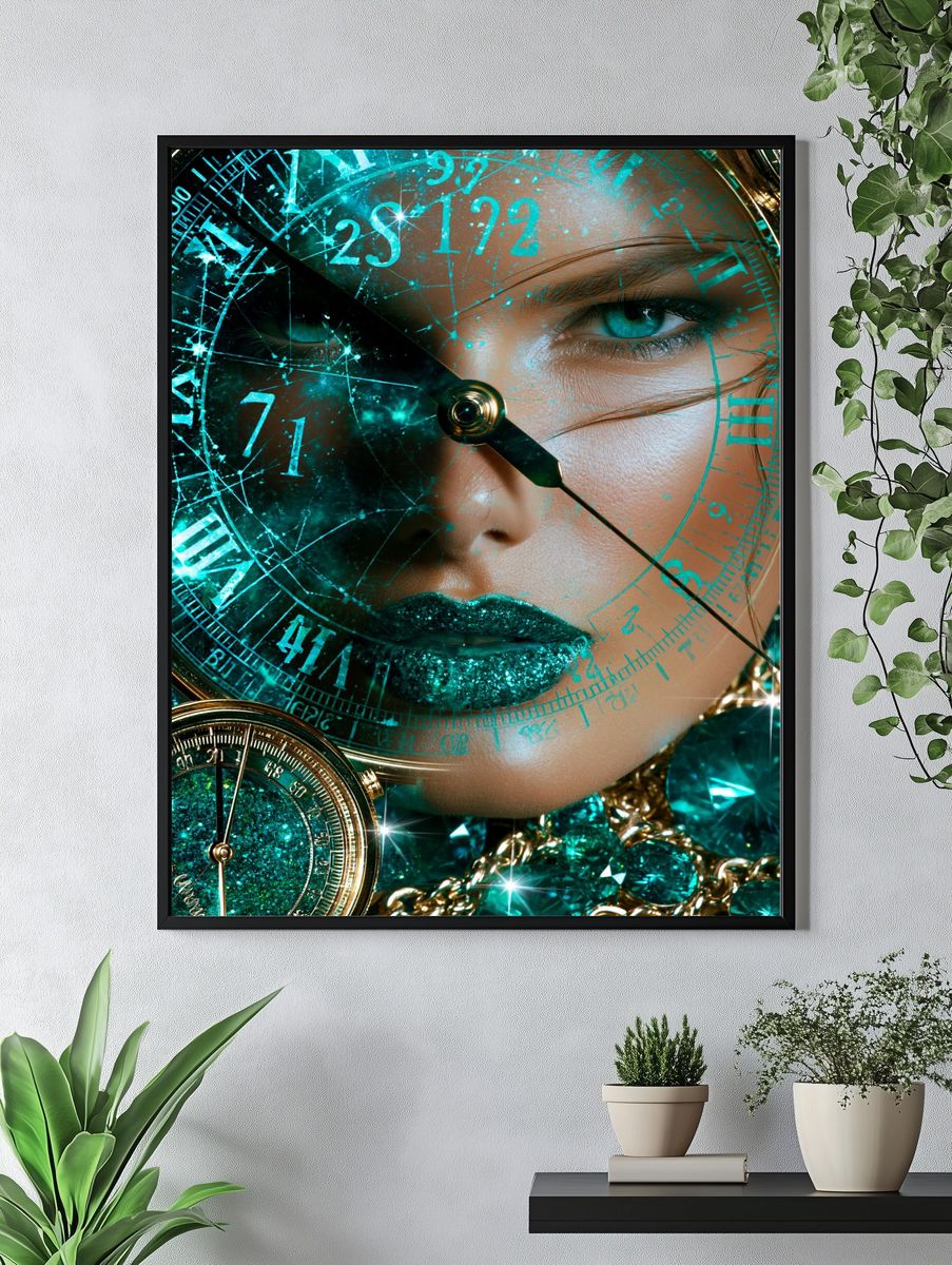 Teal Clock Face Portrait Print. — room view 4