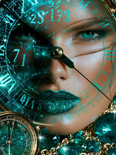 Teal Clock Face Portrait Print.