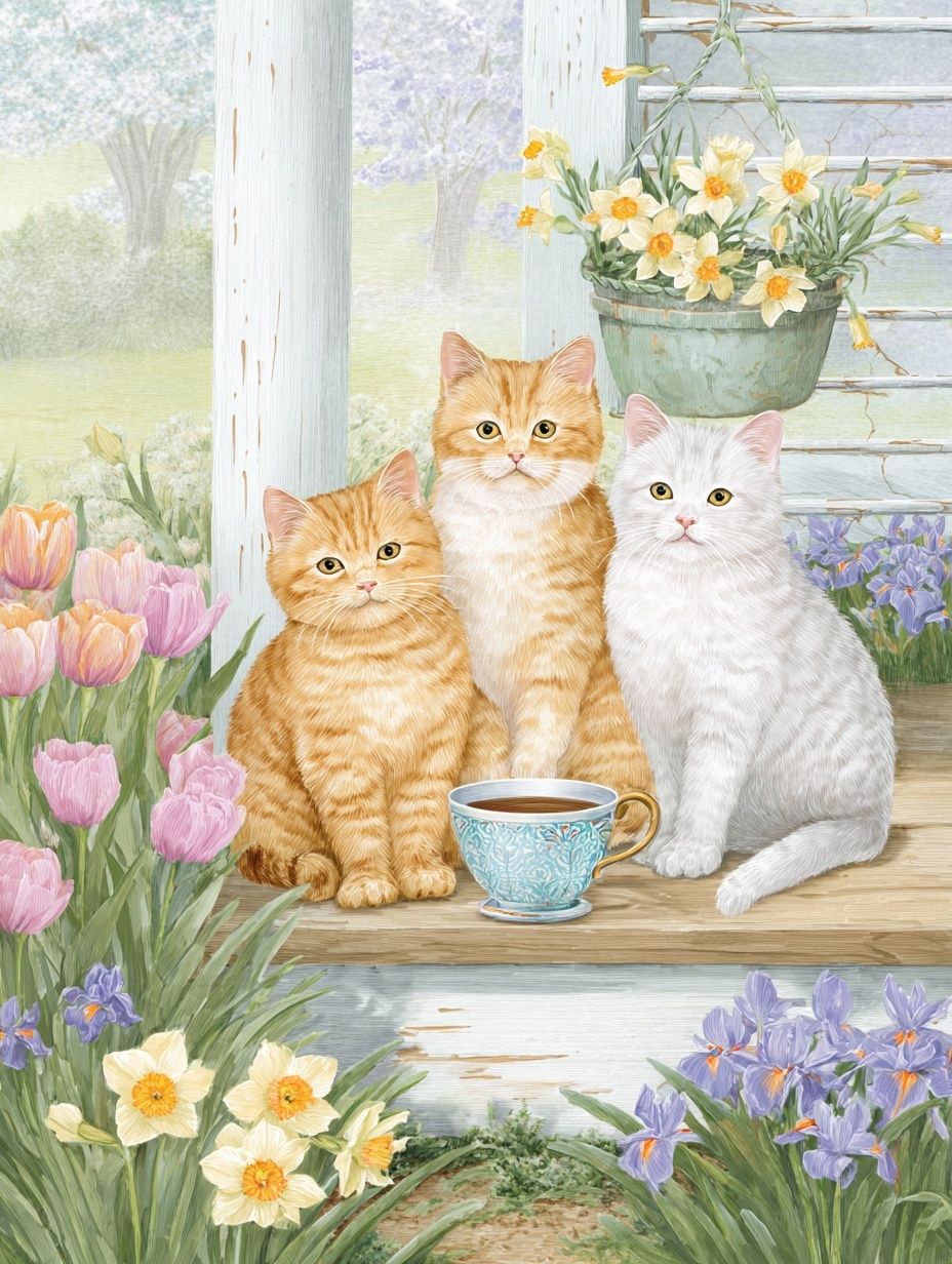Spring Cats Garden Illustration Poster. poster detail