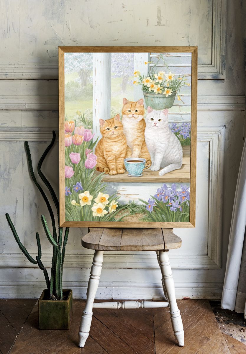 Spring Cats Garden Illustration Poster. — room view 1
