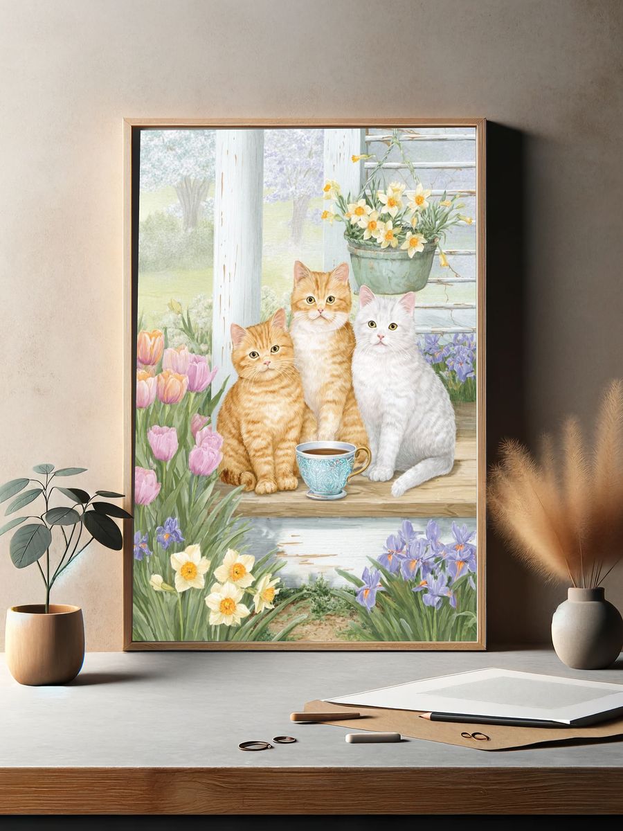 Spring Cats Garden Illustration Poster. — room view 2