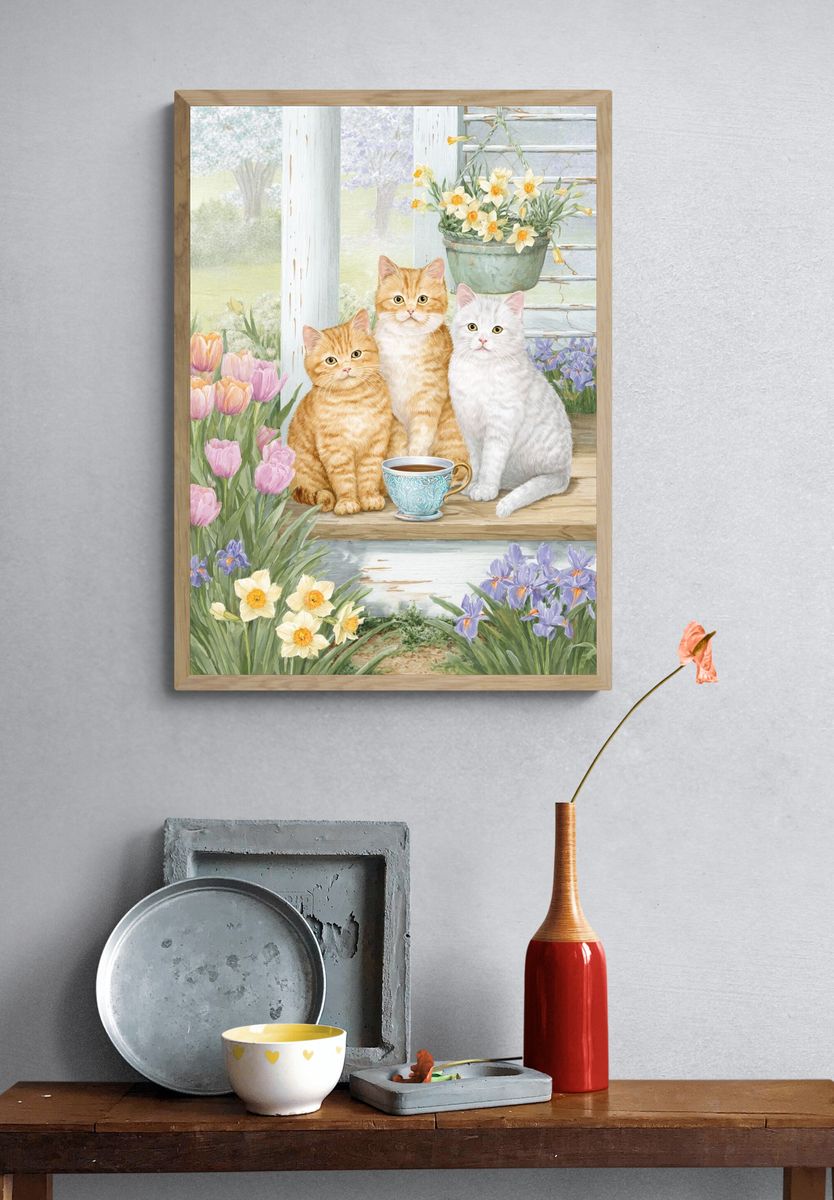Spring Cats Garden Illustration Poster. — room view 3