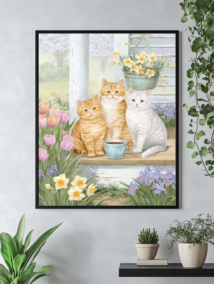 Spring Cats Garden Illustration Poster. — room view 4