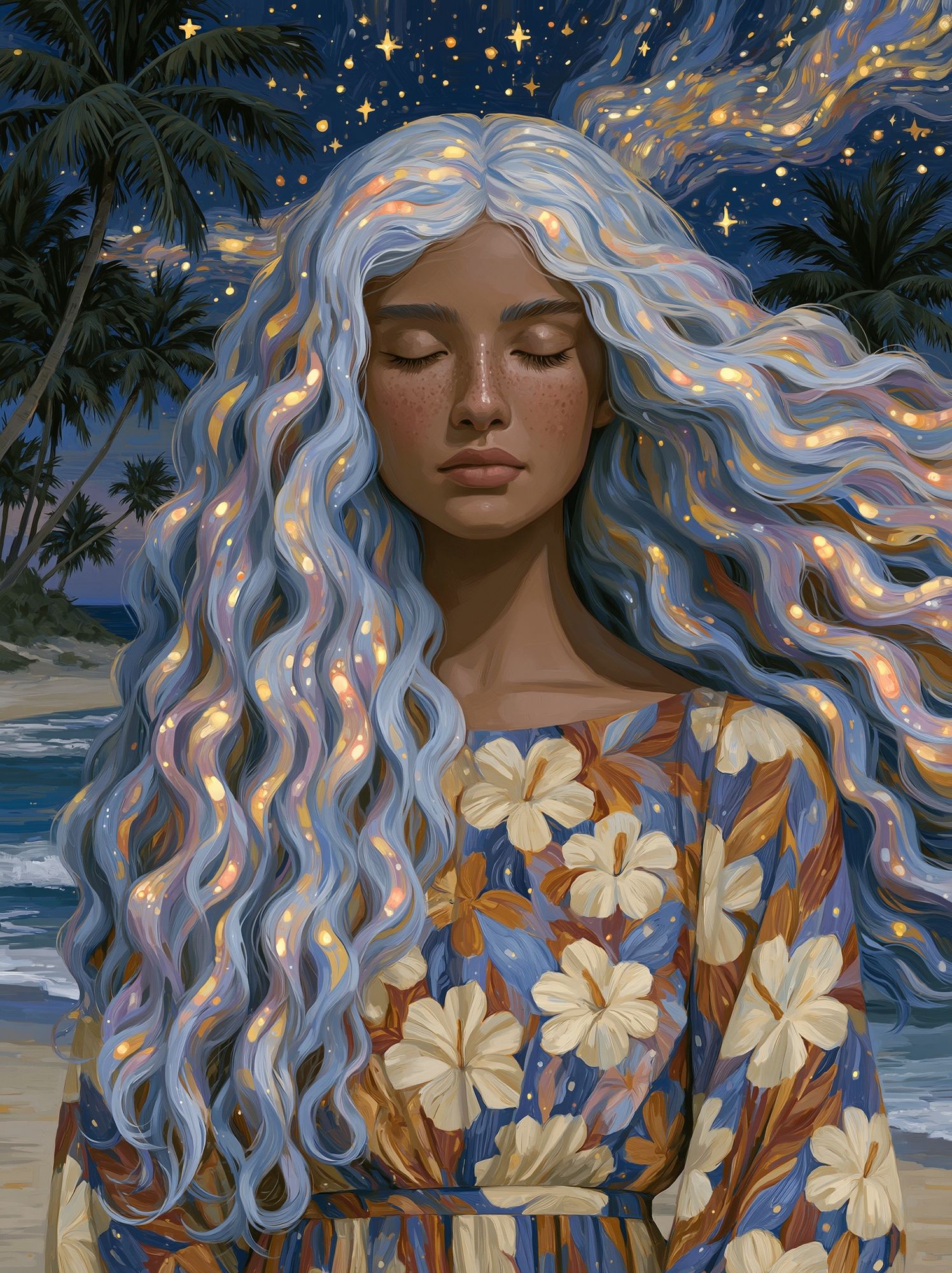 Moonlit Beach Portrait Illustration Poster. poster detail