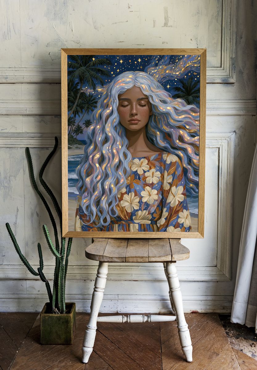 Moonlit Beach Portrait Illustration Poster. — room view 1