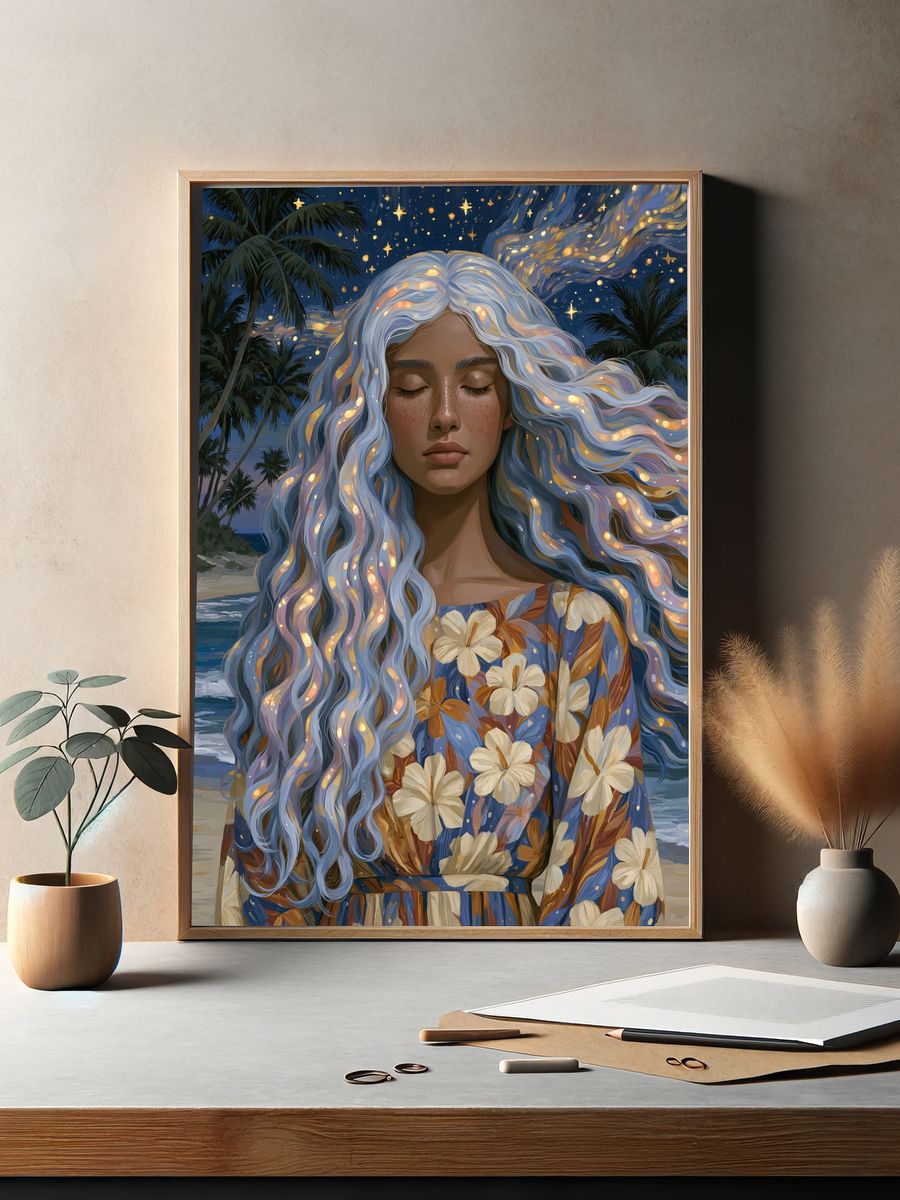 Moonlit Beach Portrait Illustration Poster. — room view 2