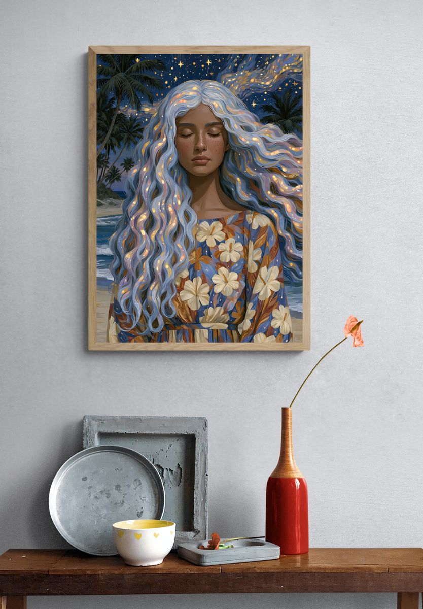 Moonlit Beach Portrait Illustration Poster. — room view 3