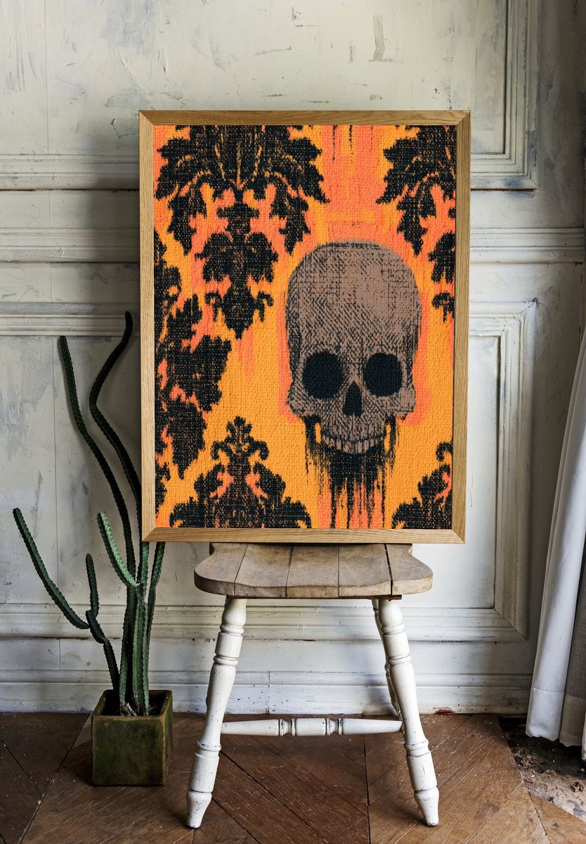 Skull on Orange Damask Illustration Poster. — room view 1