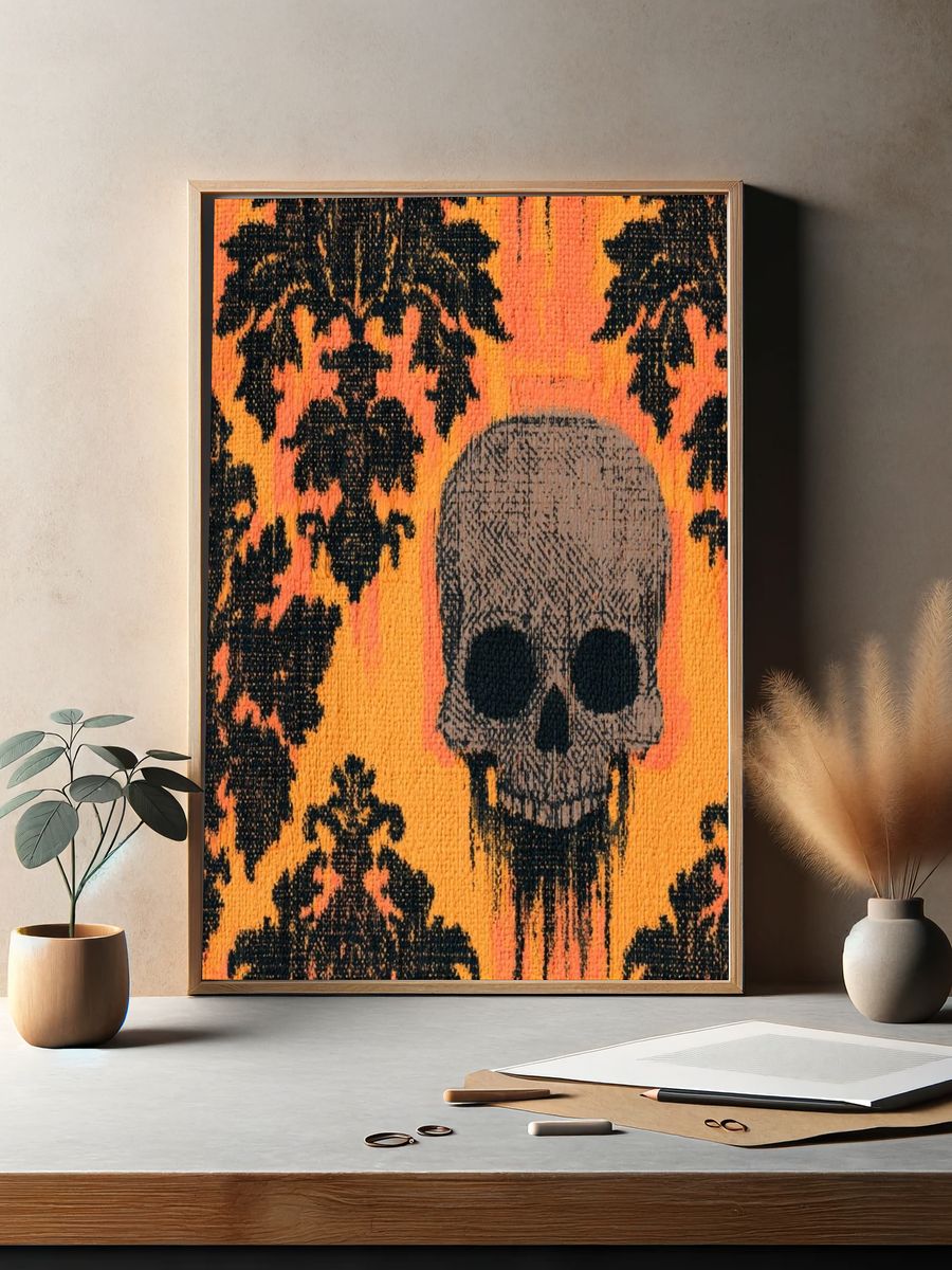 Skull on Orange Damask Illustration Poster. — room view 2