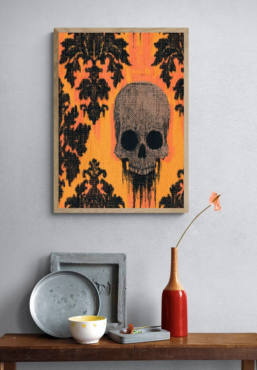 Skull on Orange Damask Illustration Poster. — room view 3