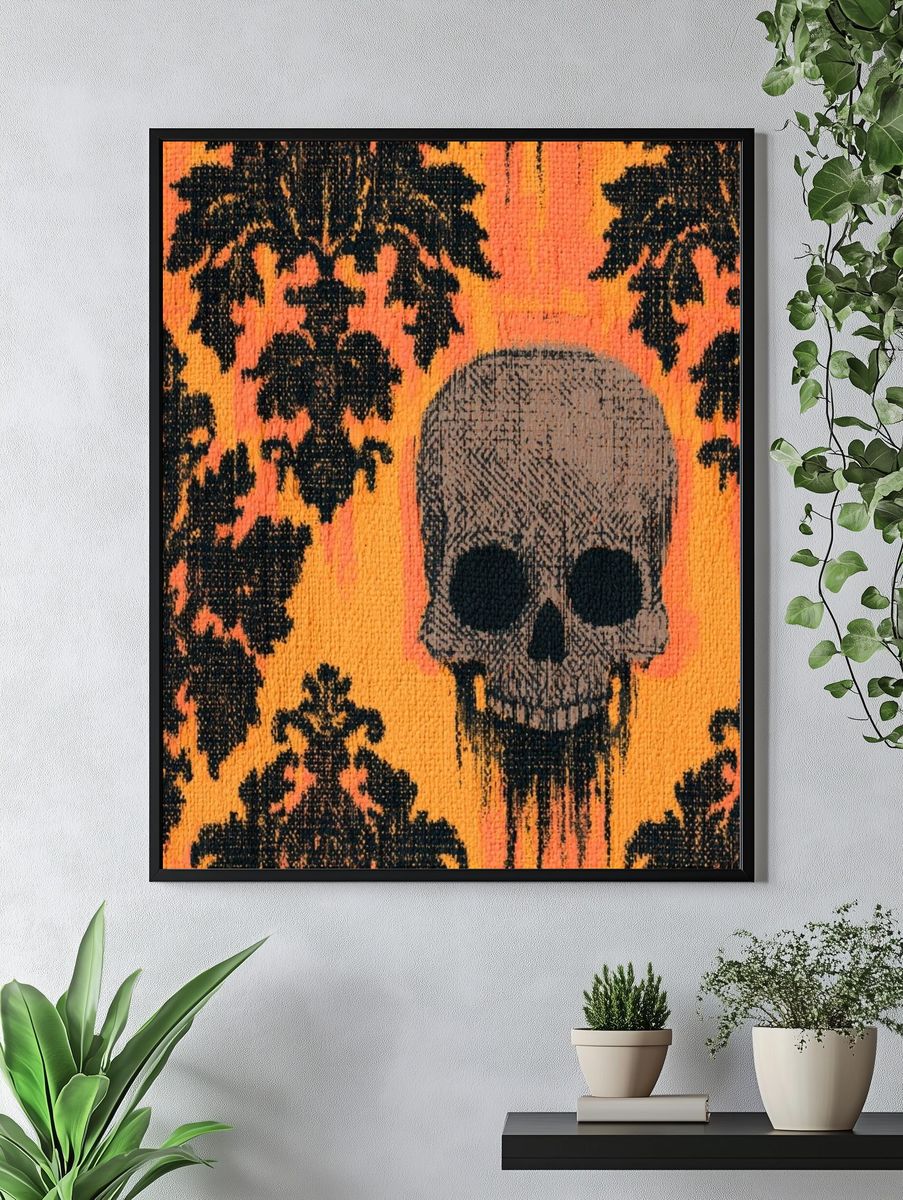 Skull on Orange Damask Illustration Poster. — room view 4