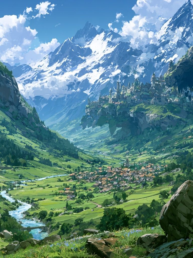 Alpine Valley Fantasy Landscape Print. poster — illustration art