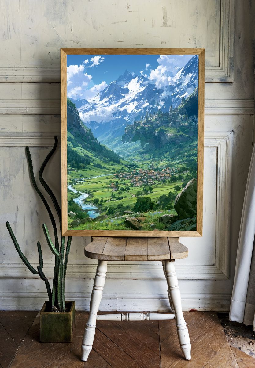 Alpine Valley Fantasy Landscape Print. room preview