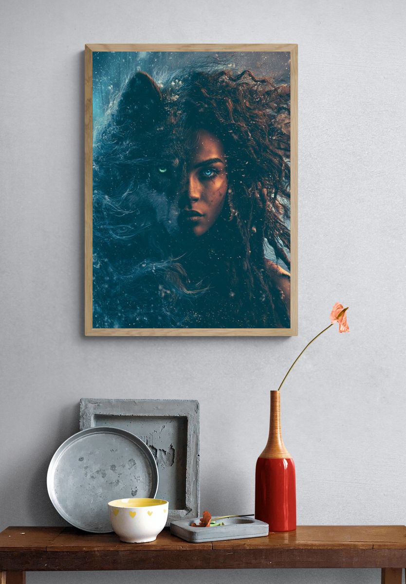 Wolf Woman Fantasy Illustration Poster. — room view 3