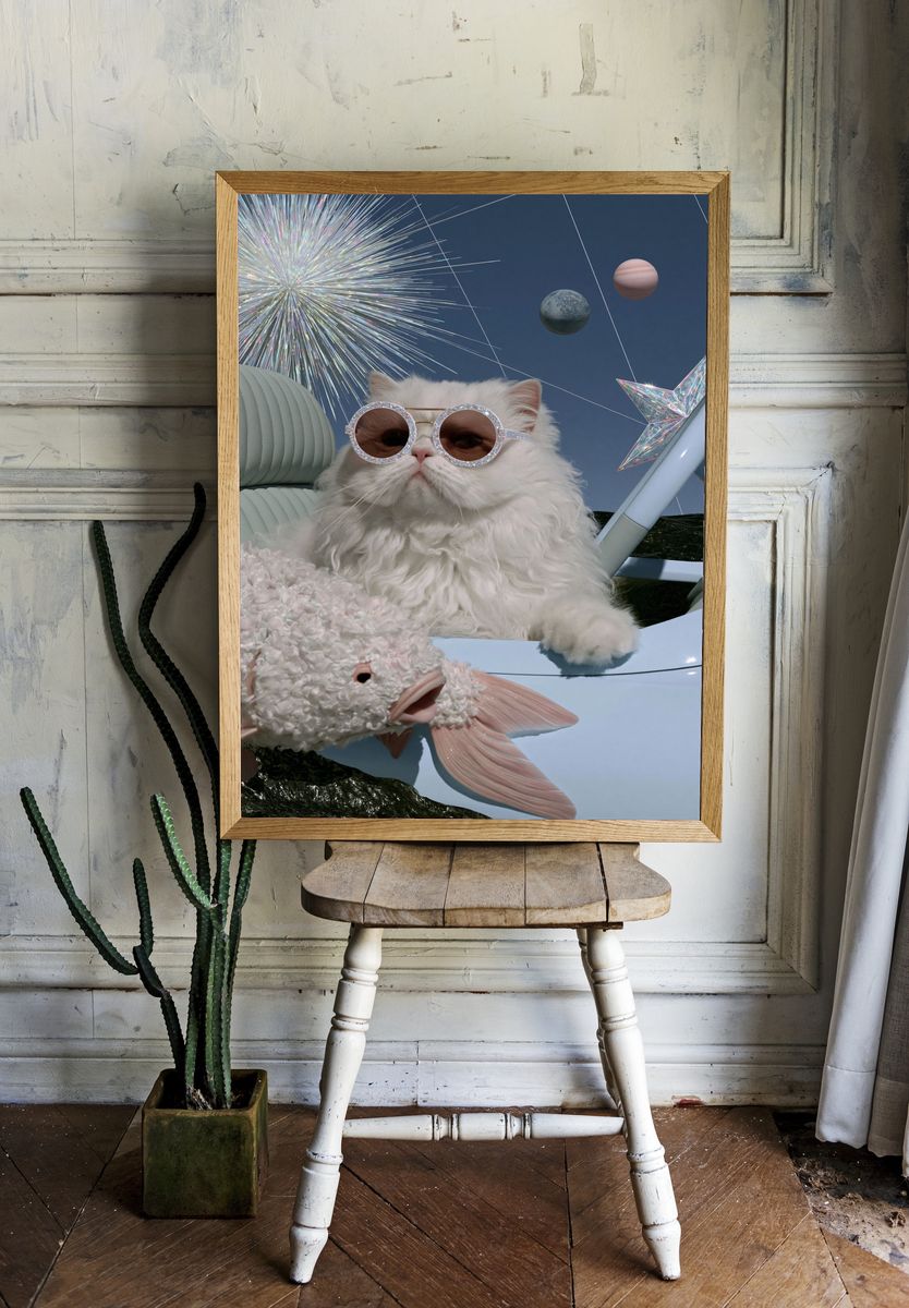 Cosmic Cat and Fish Illustration Poster. room preview