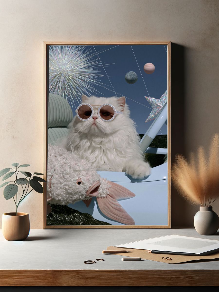 Cosmic Cat and Fish Illustration Poster. — room view 2
