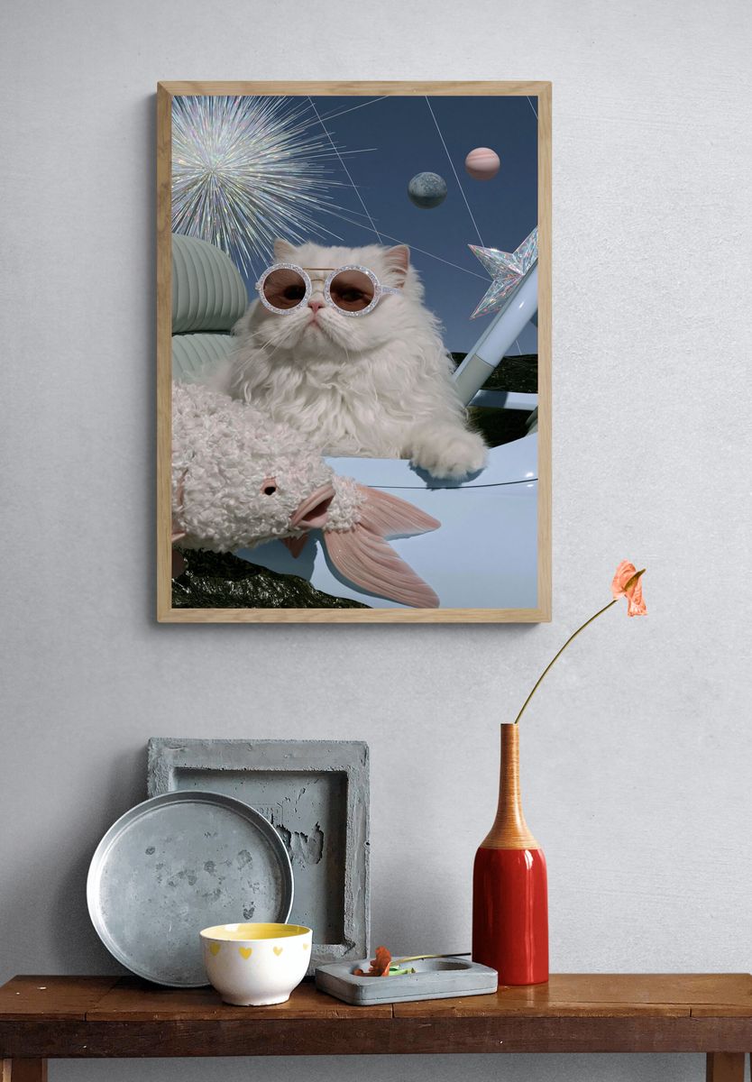 Cosmic Cat and Fish Illustration Poster. — room view 3
