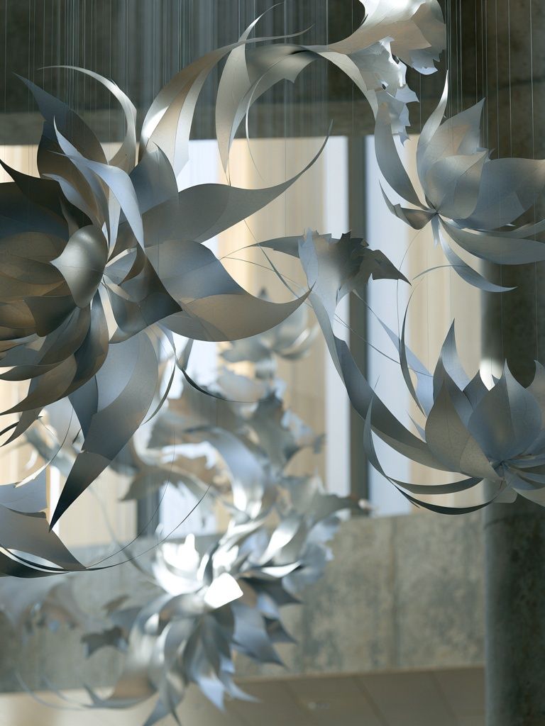 Suspended Silver Floral Sculpture Print. poster detail