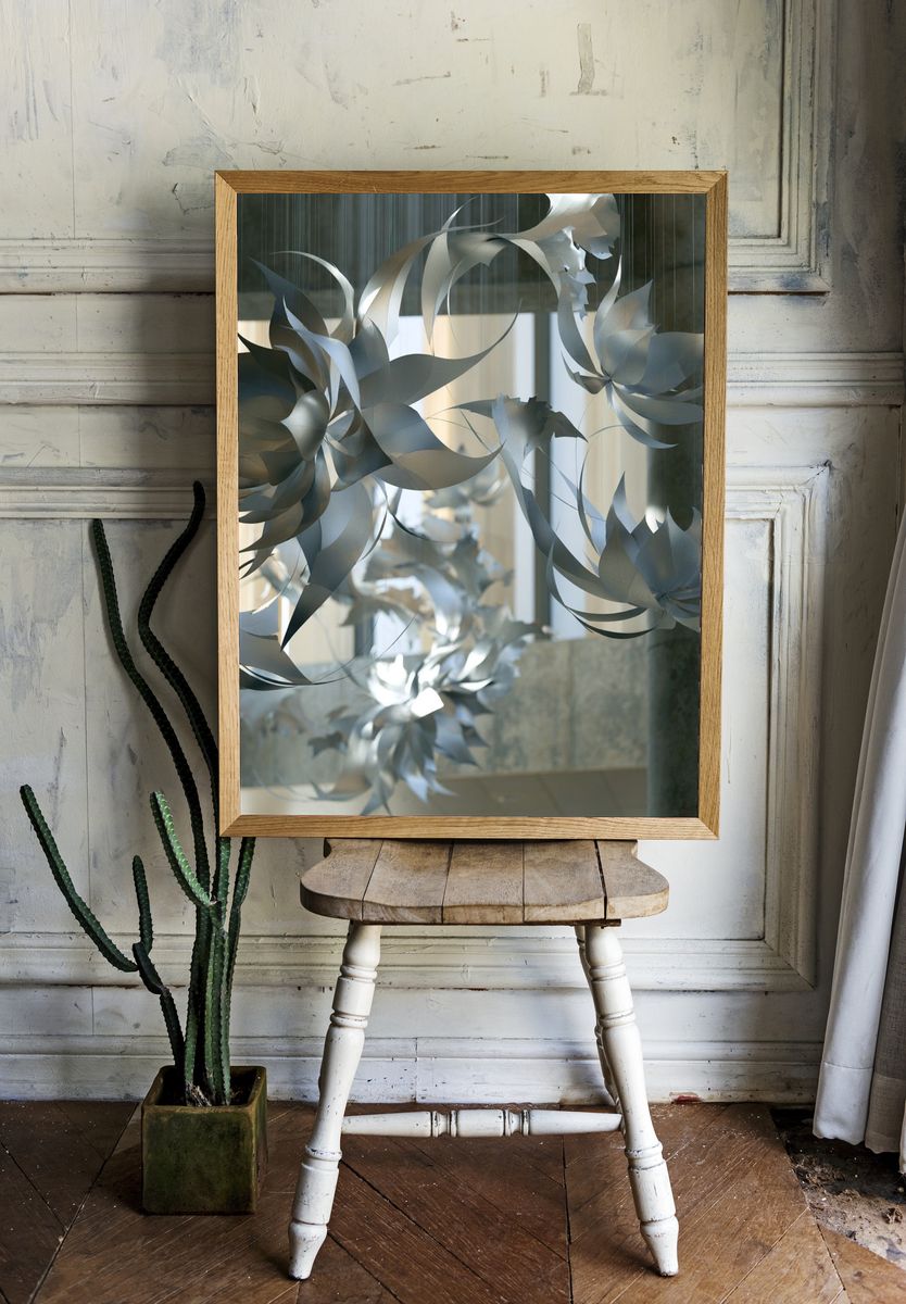 Suspended Silver Floral Sculpture Print. — room view 1