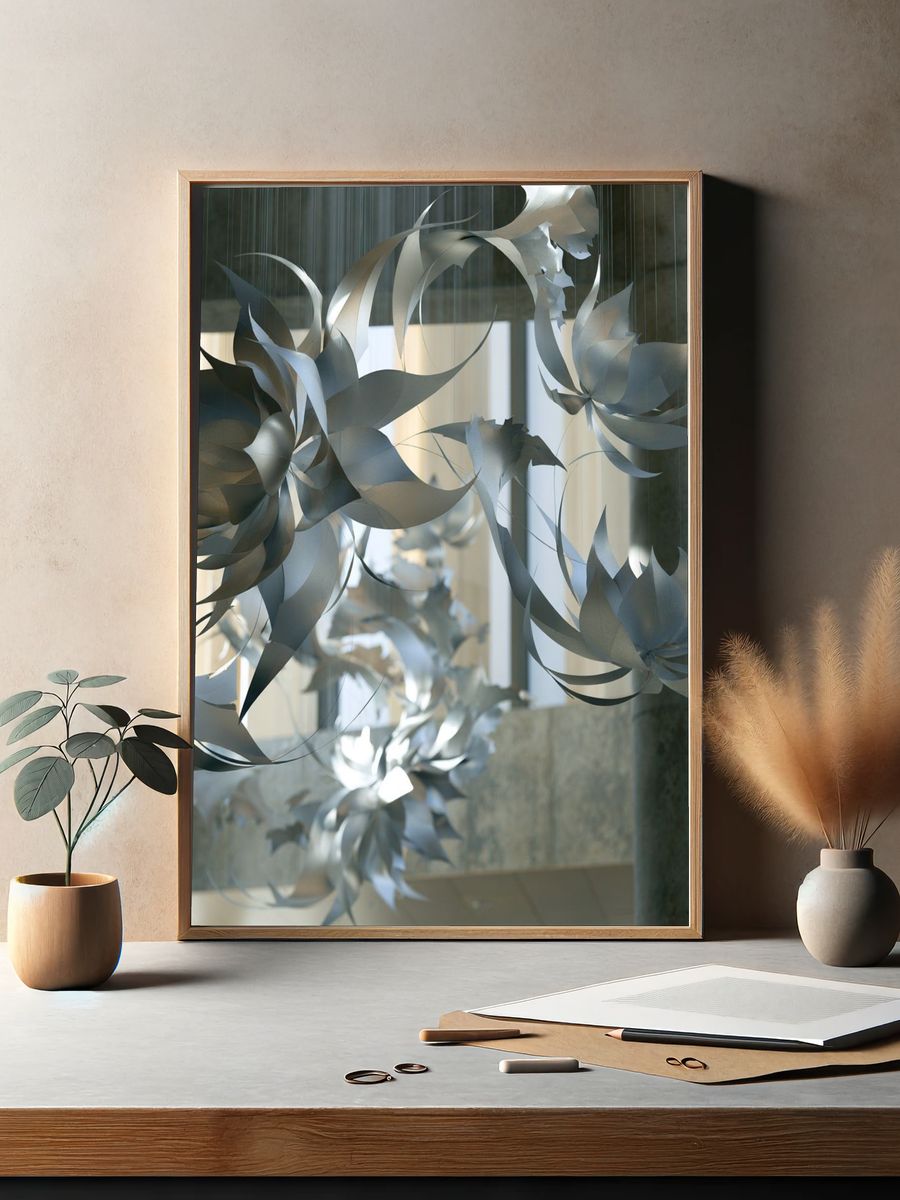 Suspended Silver Floral Sculpture Print. — room view 2