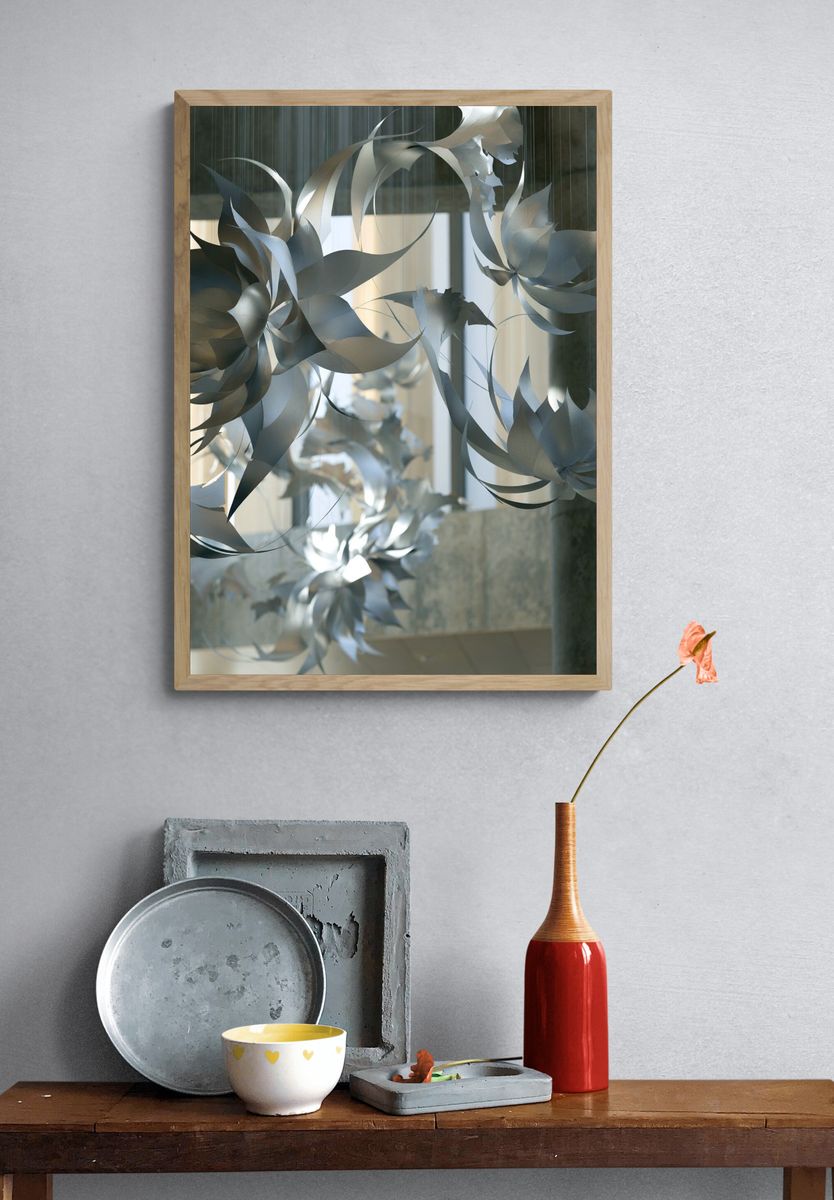 Suspended Silver Floral Sculpture Print. — room view 3