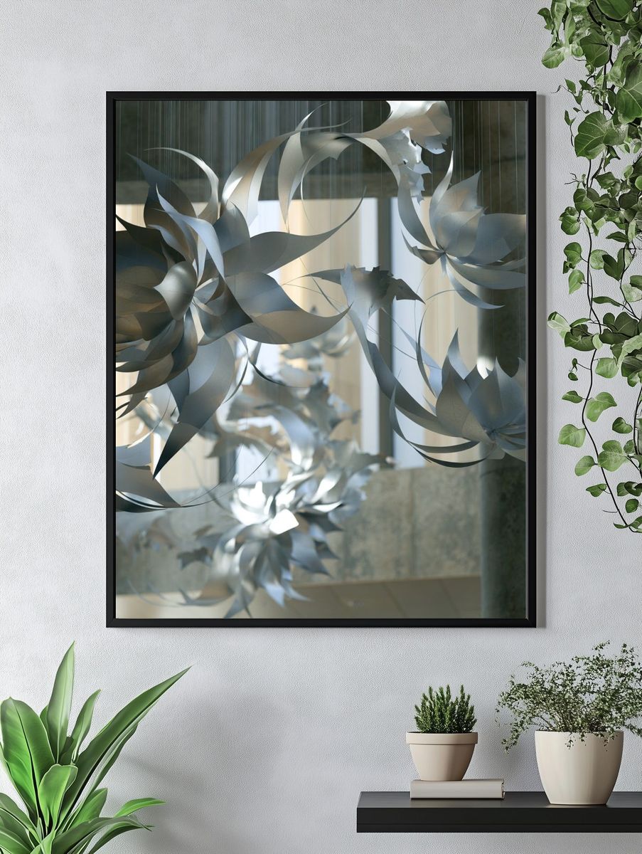 Suspended Silver Floral Sculpture Print. — room view 4