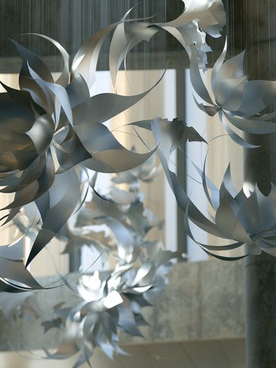 Suspended Silver Floral Sculpture Print.