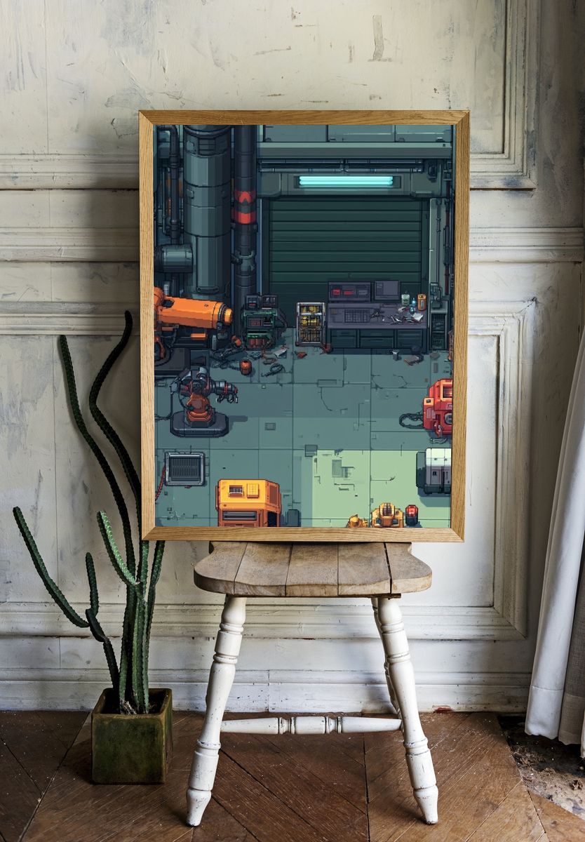 Cyberpunk Robot Workshop Poster. — room view 1