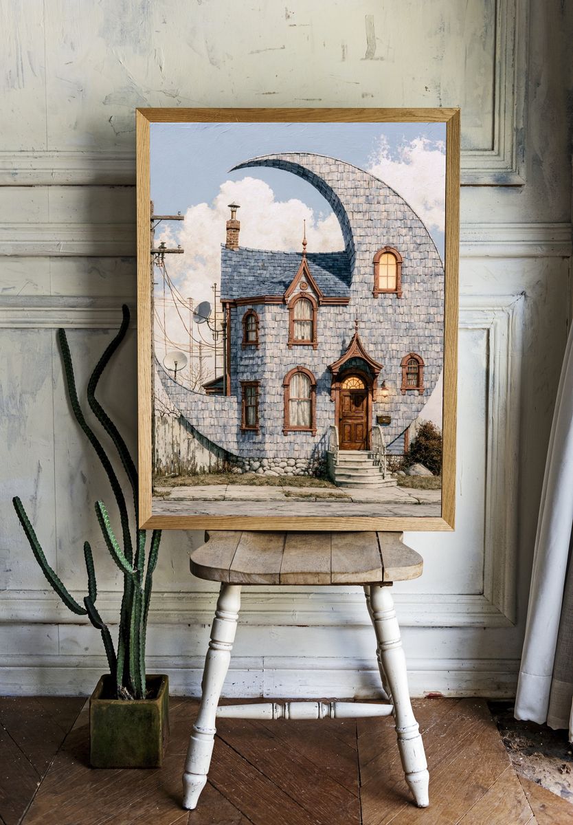 Whimsical Crescent House Illustration Poster. — room view 1
