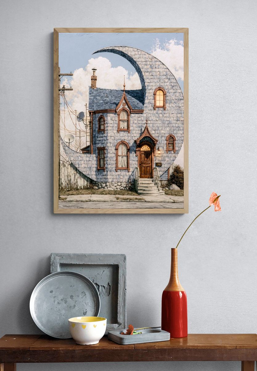 Whimsical Crescent House Illustration Poster. — room view 3