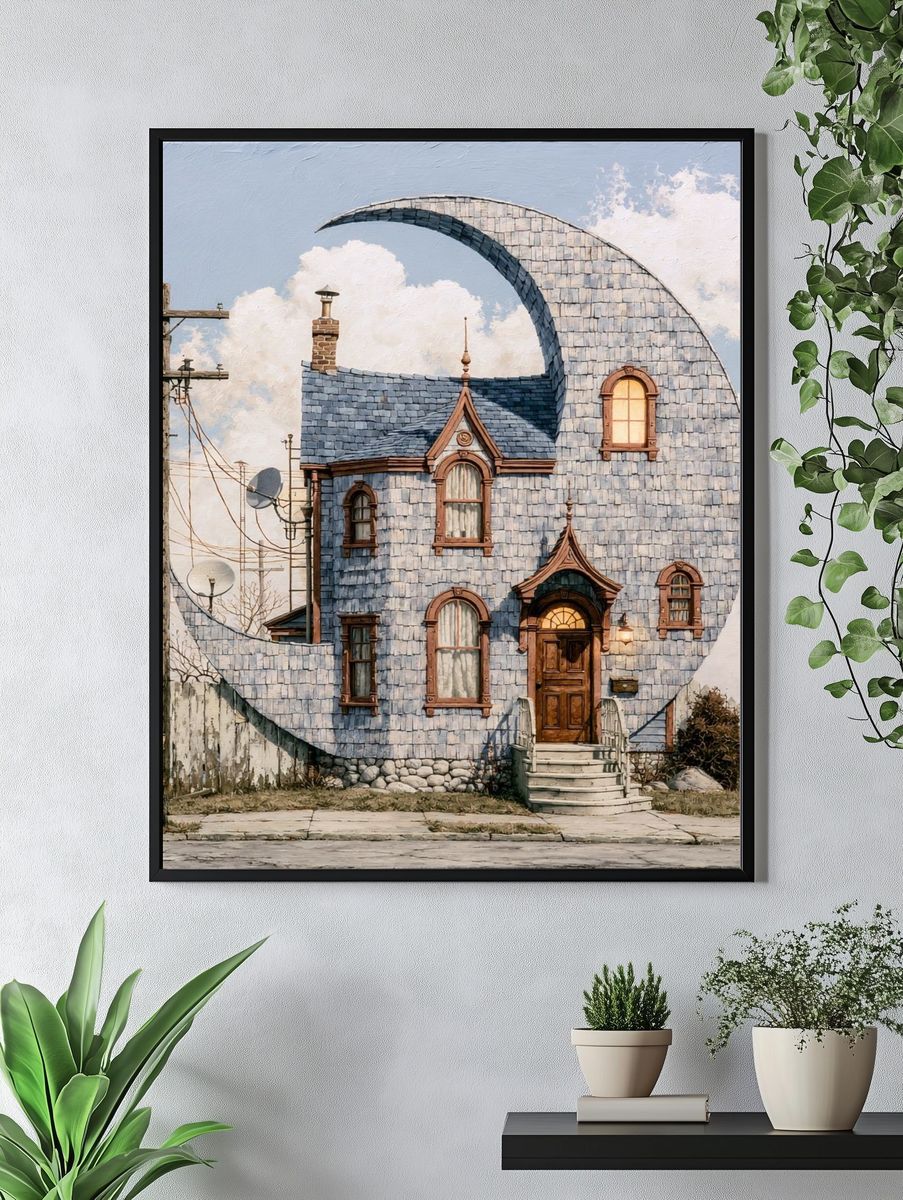 Whimsical Crescent House Illustration Poster. — room view 4