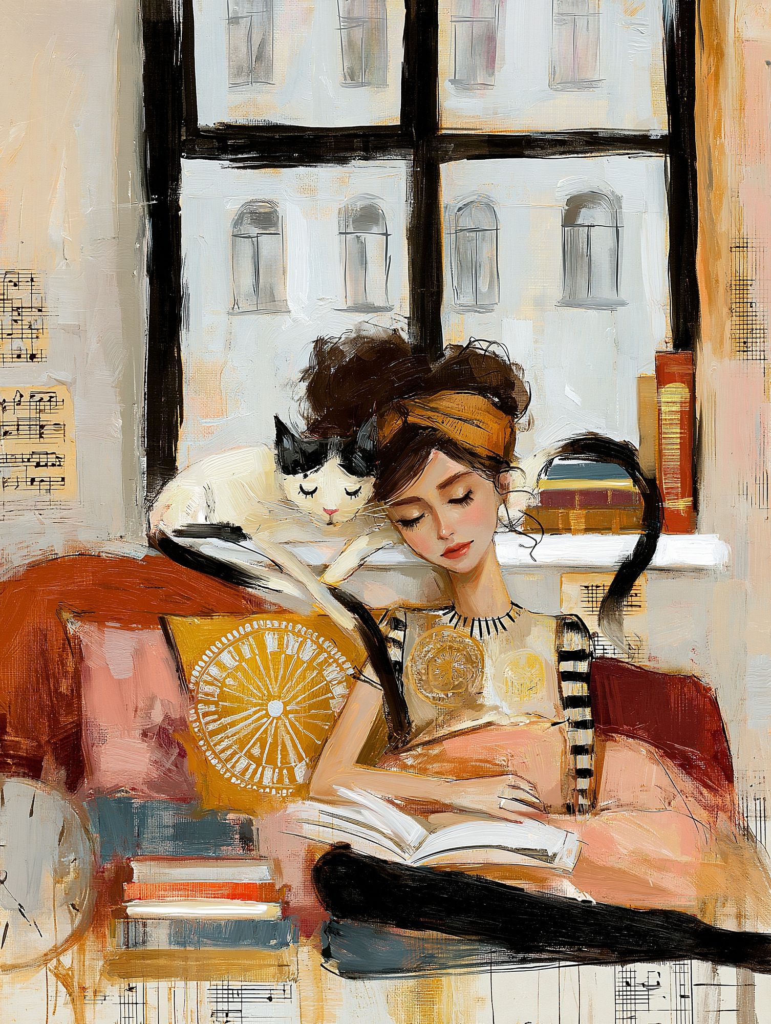 Girl Reading with Cat Illustration Poster. poster detail