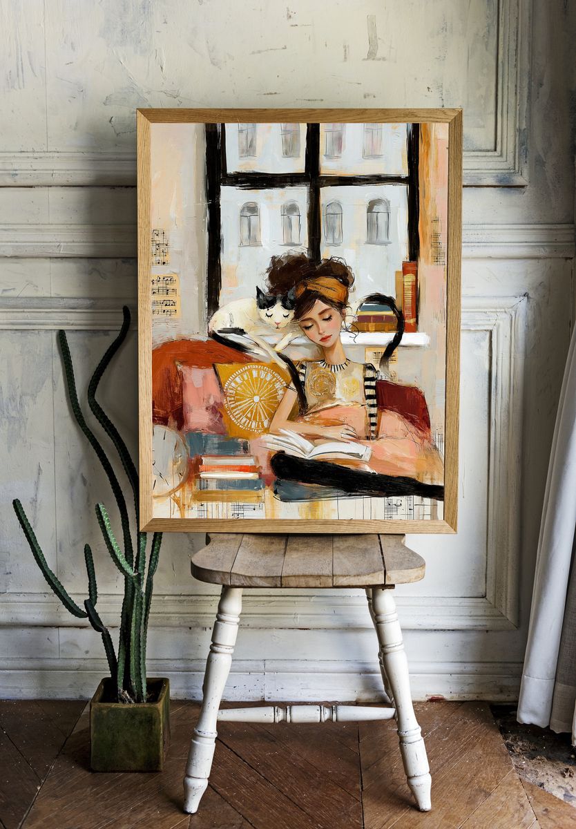 Girl Reading with Cat Illustration Poster. room preview