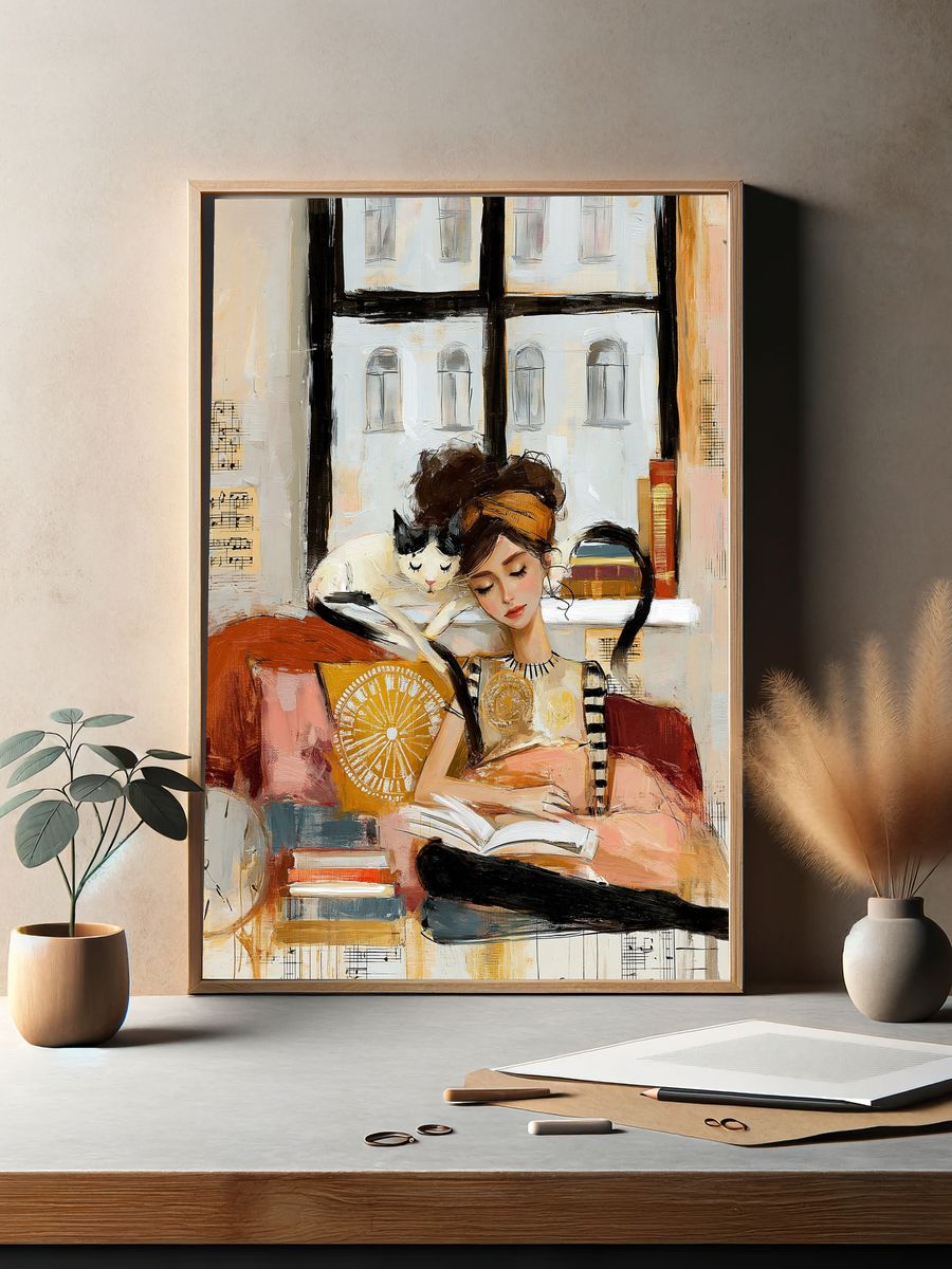 Girl Reading with Cat Illustration Poster. — room view 2