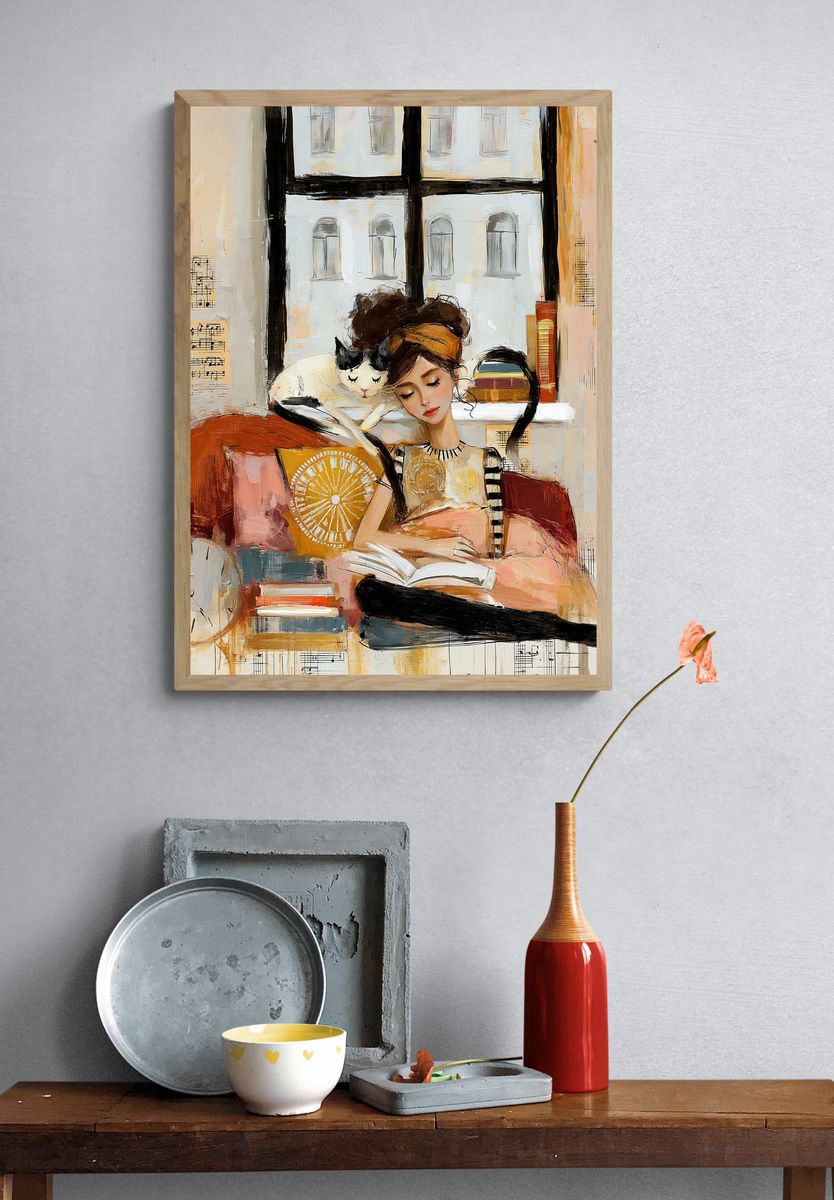 Girl Reading with Cat Illustration Poster. — room view 3