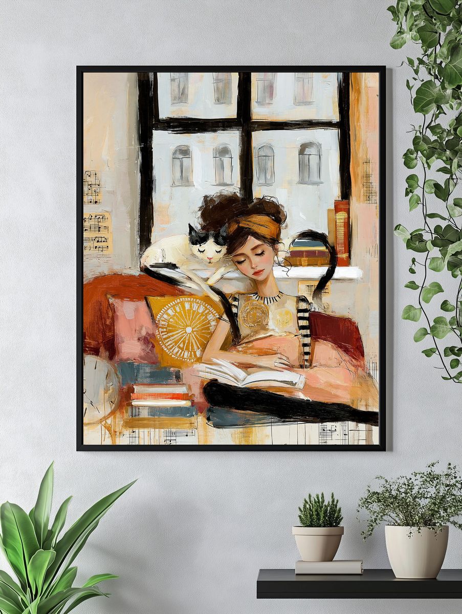 Girl Reading with Cat Illustration Poster. — room view 4