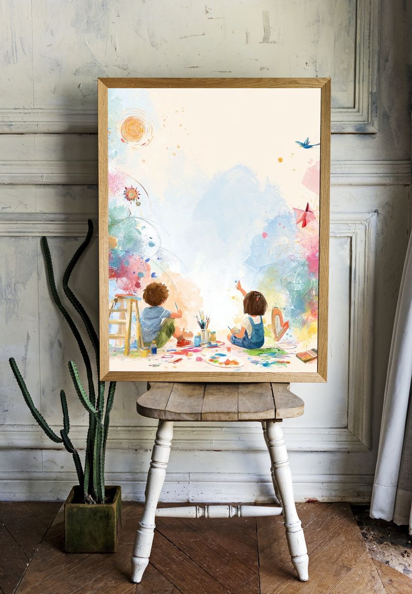 Children Painting Rainbow Illustration Poster. — room view 1