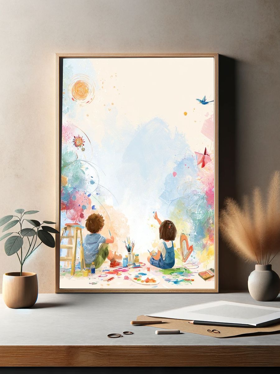 Children Painting Rainbow Illustration Poster. — room view 2