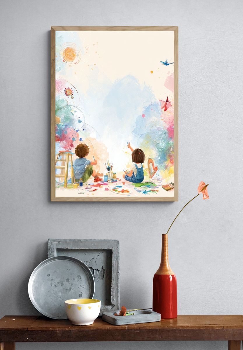 Children Painting Rainbow Illustration Poster. — room view 3